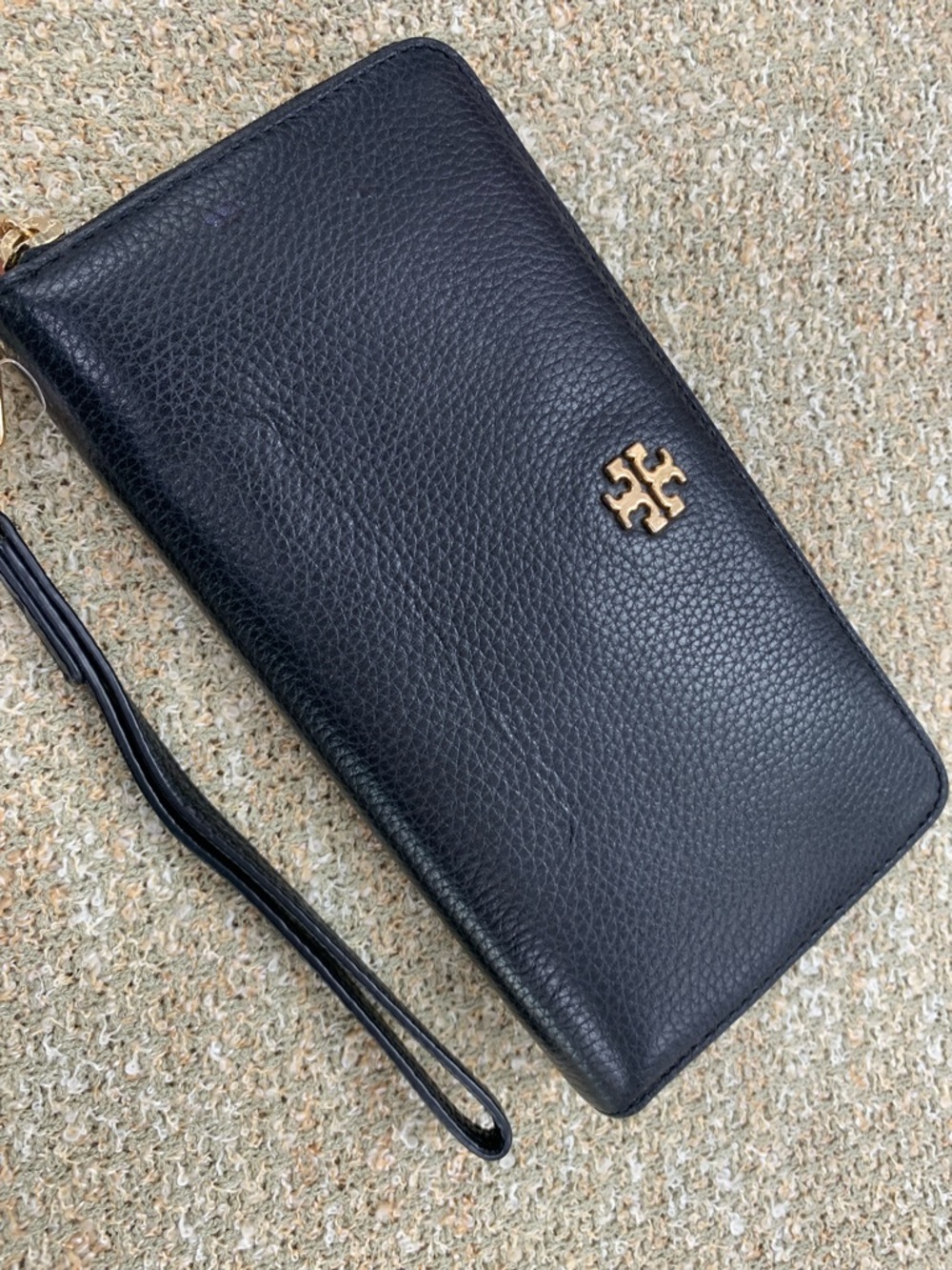 Tory Burch Black Pebbled Leather Wristlet with Gold Logo